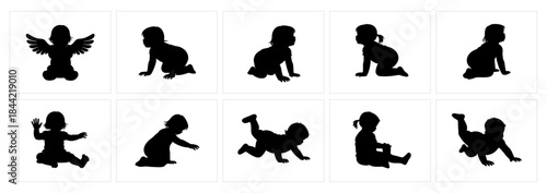 Babies and Toddlers Silhouettes Set, Crawling and Sitting Infant Poses.