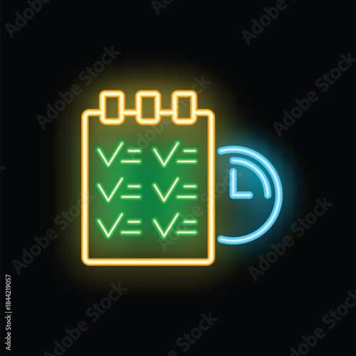 Colorful neon icon of a checklist with all tasks marked as completed and a clock, representing the concept of time management