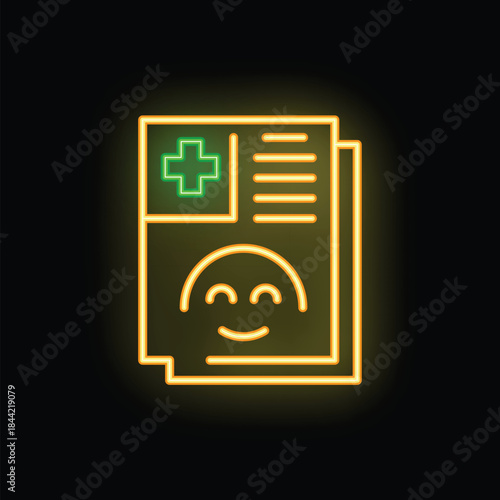 Glowing neon icon representing a medical report with a smiling face, symbolizing positive health outcomes and patient satisfaction