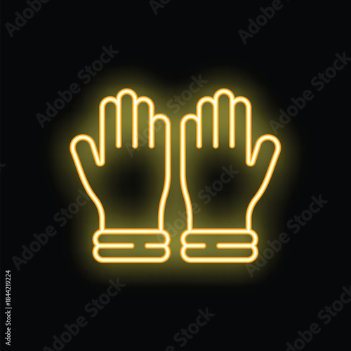 Yellow neon sign of two hands wearing gloves glowing on a black background