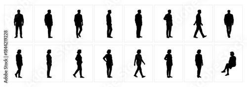 Middle Aged Adults Walking and Sitting Silhouettes Set, Everyday Life Movements.