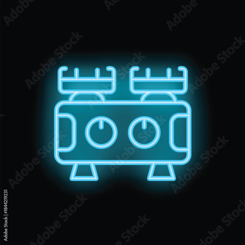 Blue neon icon of a professional espresso machine with two portafilters, glowing on a dark background