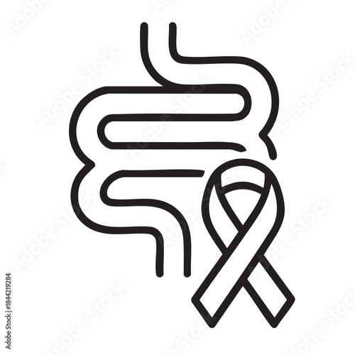 A black and white line drawing depicts the human intestine alongside a gray awareness ribbon symbolizing bowel health