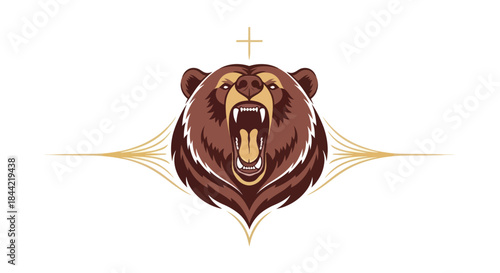 Roaring bear head illustration with cross graphic design element