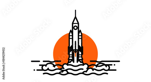 Rocket launching into the sky with sun behind vector illustration