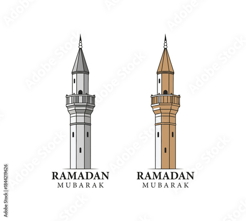 Stylized minaret illustrations for ramadan mubarak greeting card or decorative element