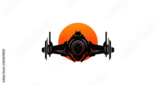 Silhouette of a futuristic spaceship with orange sun background