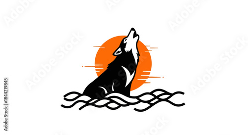 Silhouette of a howling wolf with orange sun illustration