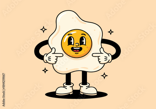 A cheerful retro cartoon fried egg character with a smiling face, arms, and legs, pointing at itself.