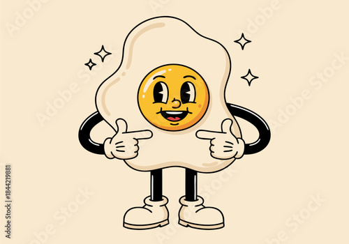 A retro cartoon-style illustration of a cheerful fried egg character with a smiling face and arms pointing to itself.