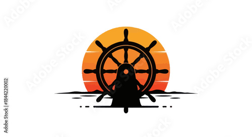 Silhouette of a ship wheel with sunset background vector illustration