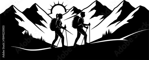 Couple hiker in mountain silhouettes, Couple hiking silhouette, Backpacker silhouettes, Hiker in mountain, Adventure silhouette, Hiking together silhouette