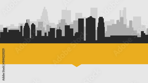 a city skyline with a yellow banner in the middle