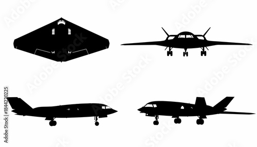 Silhouettes of futuristic aircraft viewed from various angles on a white background