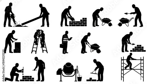 Construction Workers Engaged in Various Tasks on a Building Site