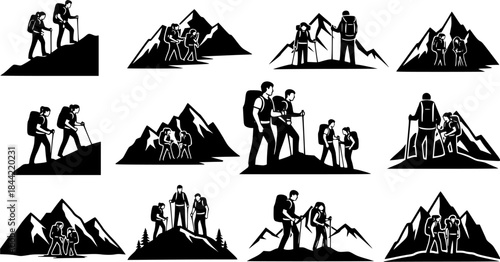 Couple hiker in mountain silhouettes, Couple hiking silhouette, Backpacker silhouettes, Hiker in mountain, Adventure silhouette, Hiking together silhouette
