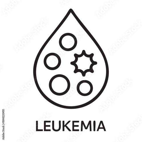 A simple black and white line drawing depicts a droplet containing circles and a starburst labeled leukemia