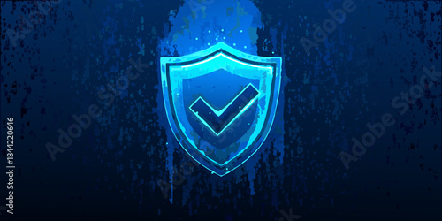 Glowing blue shield with a checkmark symbol against a dark textured background