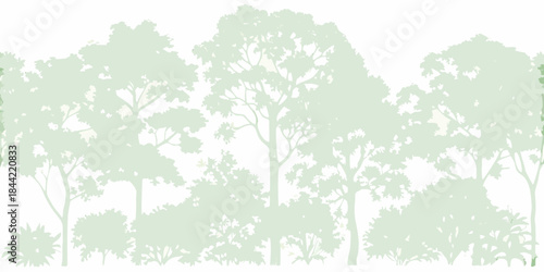 A serene landscape showcasing silhouettes of trees against a pale green background
