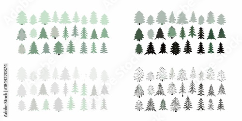 Arrangement of stylized evergreen trees in varying shades and patterns