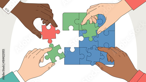 Diverse Hands Collaborating to Assemble a Jigsaw Puzzle Representing Teamwork