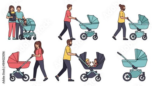 Diverse Families and Parents Pushing Strollers with Babies and Toddlers