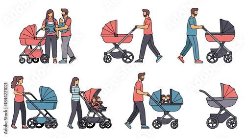 Diverse Families and Parents with Strollers and Baby Carriers, Flat Vector Art