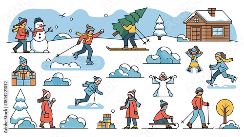 Joyful Winter Scene: Diverse People Enjoying Snow Activities and Holiday Cheer