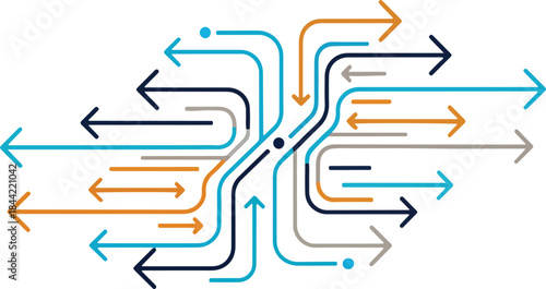 Abstract graphic of multicolored arrows converging and diverging at a center point