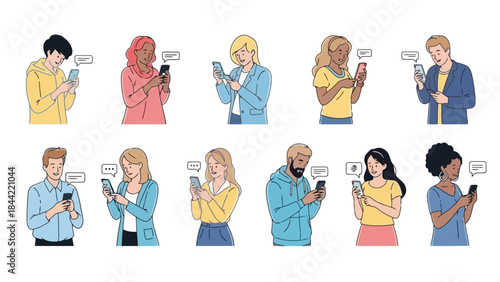 Diverse Group of People Communicating on Smartphones in a Colorful Vector Illustration