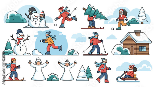 Cute Winter Activities and Snow Fun with People and Snowmen, Flat Vector