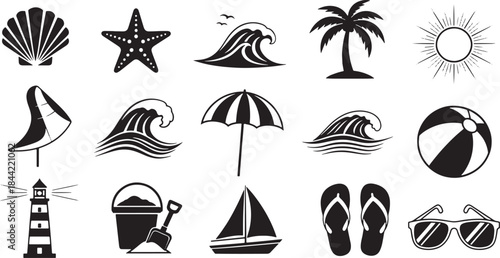 Set of Fifteen Black Beach and Summer Vacation Icons - Shell, Starfish, Wave, Palm Tree, Lighthouse, Sunglasses, and Sailboat Vector for Travel and Holiday Design