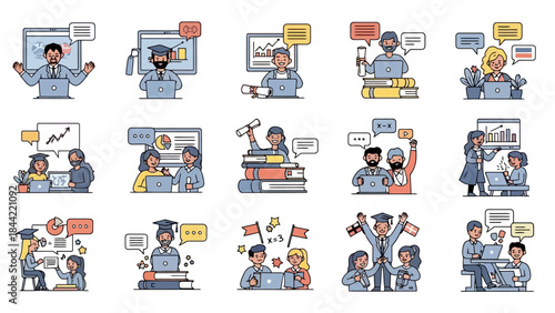 Diverse Online Education and Learning Concepts with People Using Laptops