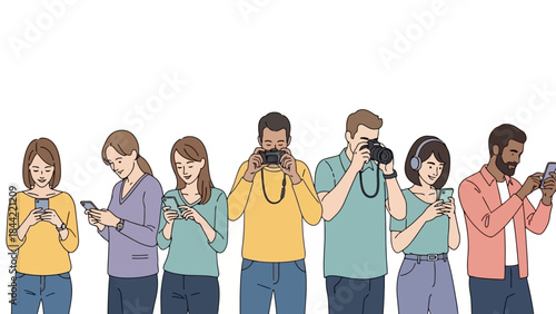 Diverse group of people using modern technology like smartphones and cameras together