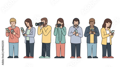 A diverse group of people are standing in a line, each engrossed in their own mobile devices or cameras, illustrating a modern scene of digital engagement.
