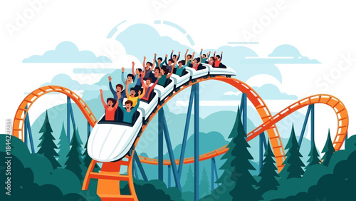 Excited People Riding a Thrilling Roller Coaster Downhill at an Amusement Park