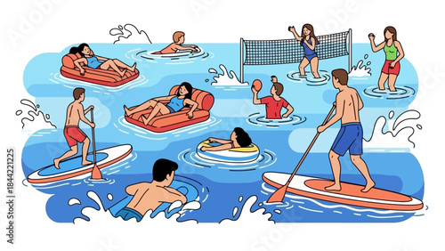 Diverse Group Enjoying Water Sports and Recreation at a Tropical Resort