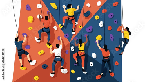 Diverse group of people rock climbing on colorful indoor wall, active hobby lifestyle