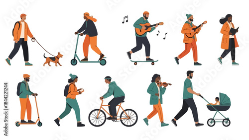 Diverse People Enjoying Outdoor Activities and Transportation Methods