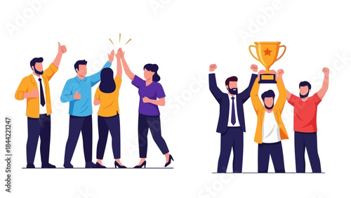 Diverse Teams Celebrating Success with High Fives and Trophy Presentation