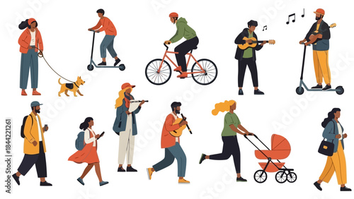 Diverse People Enjoying Various Outdoor Activities and Hobbies in a City