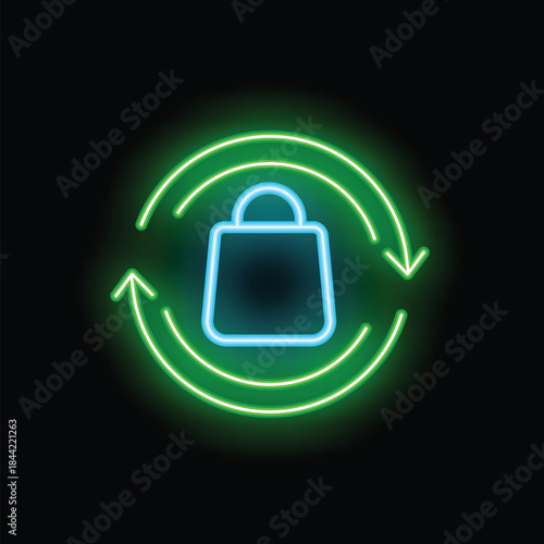 Neon green circular arrows surrounding a blue shopping bag on a black background, representing the concept of repeat purchases and customer loyalty