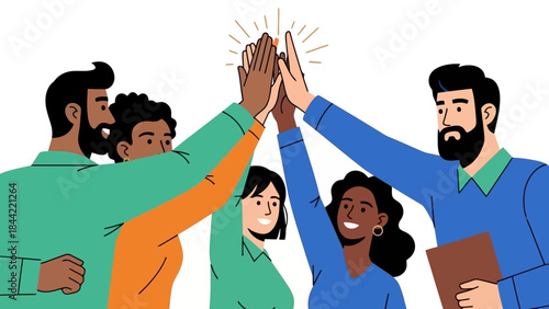 Diverse group of people giving high fives celebrating success and teamwork in a business setting