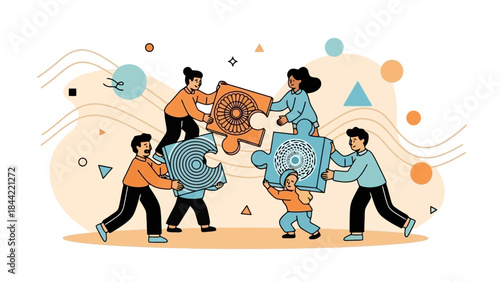 Diverse team of people working together assembling jigsaw puzzle pieces