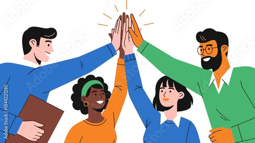 Diverse Group of People Giving a High Five in Celebration of Success and Teamwork