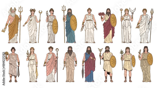Diverse Group of Ancient Greek Gods and Goddesses Depicted as Vector Characters