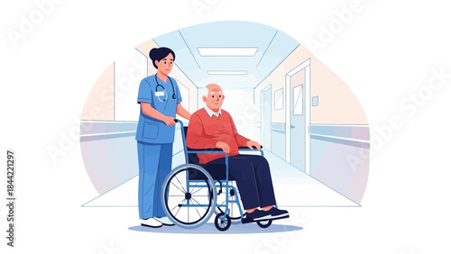 Nurse Pushing Elderly Man in Wheelchair Through Hospital Corridor