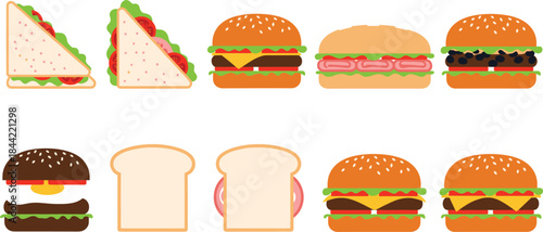 Fast Food Sandwich and Burger Illustration Set Featuring Toast, Club Sandwiches and Cheeseburgers in Flat Cartoon Style