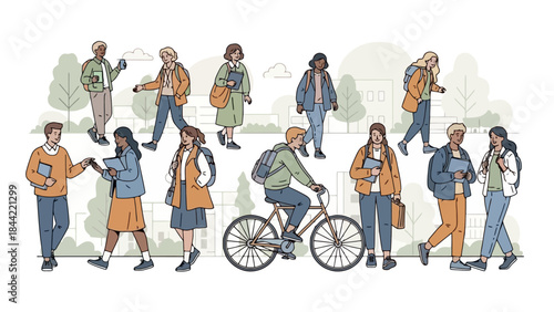 Diverse group of students walking and cycling on a college campus