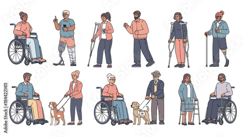 Diverse Group of People with Disabilities and Assistance Animals in Modern Style